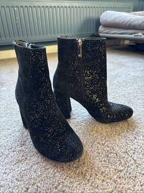 Nanette Lepore Black Glitter Suede Ankle Boots with Side Zip